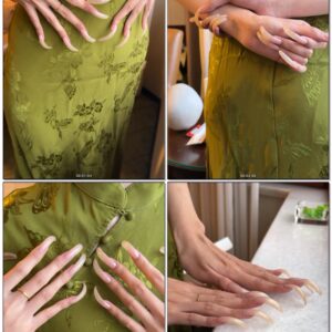 #1056 – Showing My Long Shiny Nails On Green Dress
